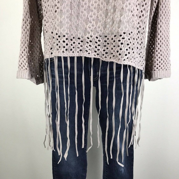 New Umgee Chunky Open‎ Knit Cropped Fringe Sweater Top Womens Size L Sheer Lilac - Picture 3 of 8